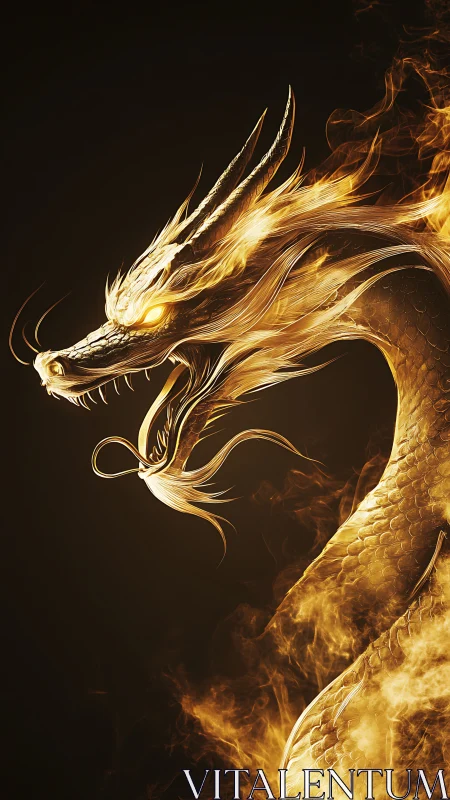 Fiery golden dragon coils in darkness and breathes light.