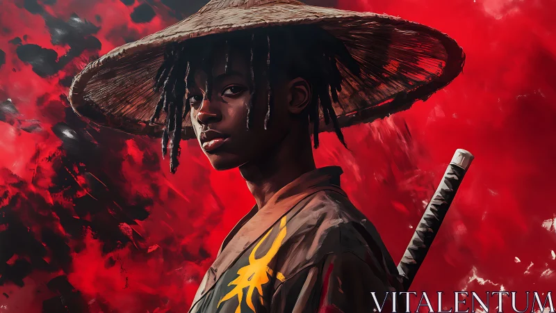 Samurai portrait with straw jingasa against red motion field.