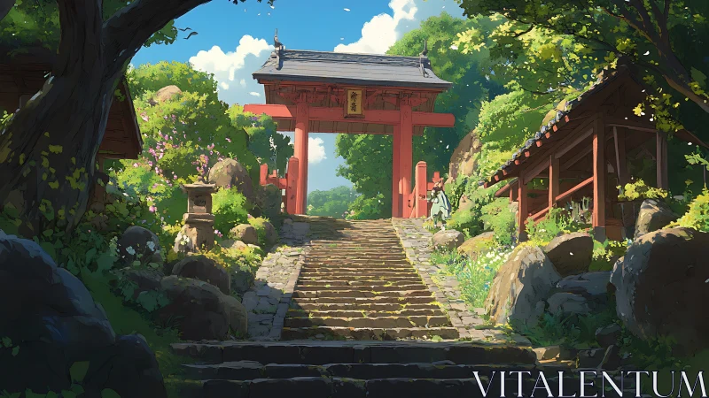 Stone steps lead toward red shrine gate in lush forest