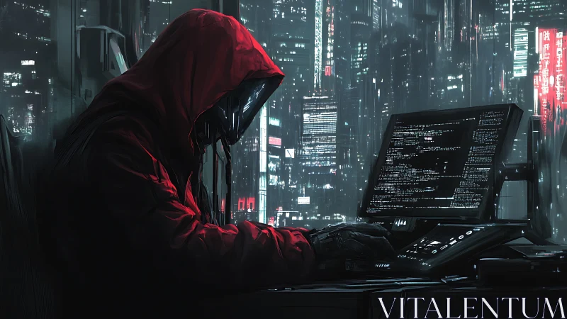 Hooded hacker at computer in neon cyberpunk city at night.