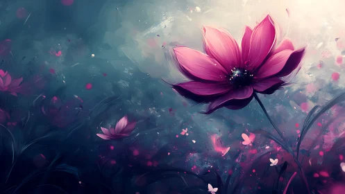Digital Illustration Of Magenta Lotus Flowers In Atmospheric Mist