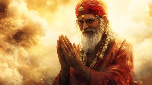 Radiant elderly guru in saffron robes with folded hands in clouds