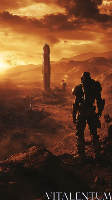Armored astronaut surveys tall sci-fi tower on red horizon