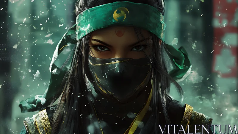 Steely eyed masked warrior in teal snow vortex portrait.