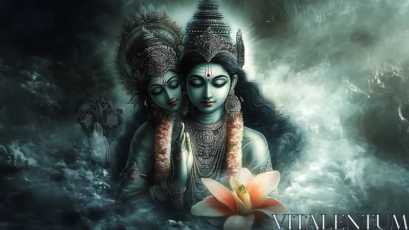 Sacred lovers in misty waters cradle a quiet blooming lotus.