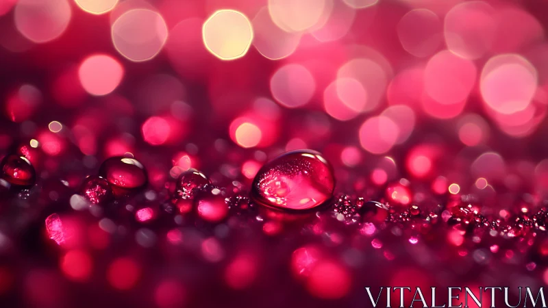 Crimson macro droplets under dreamy bokeh light field.