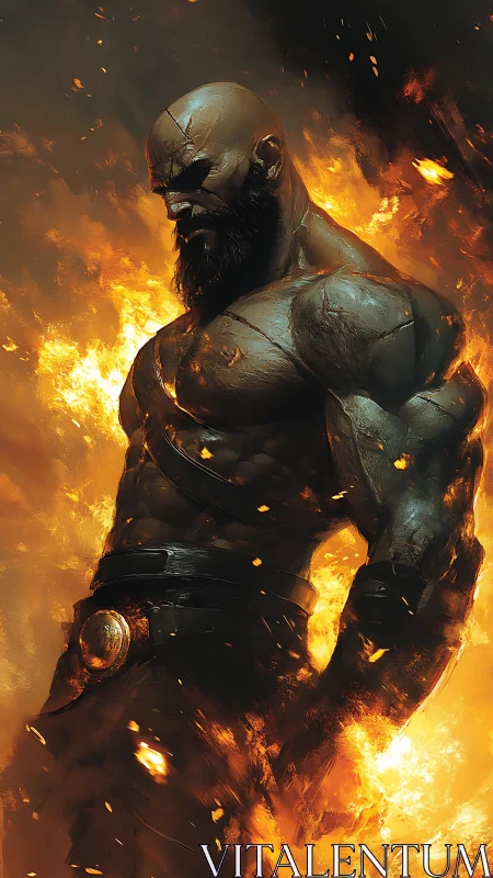 Forged warrior in molten firelit chiaroscuro stance.