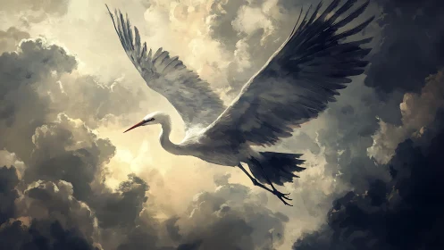 Graceful white heron soars gently through dramatic storm clouds