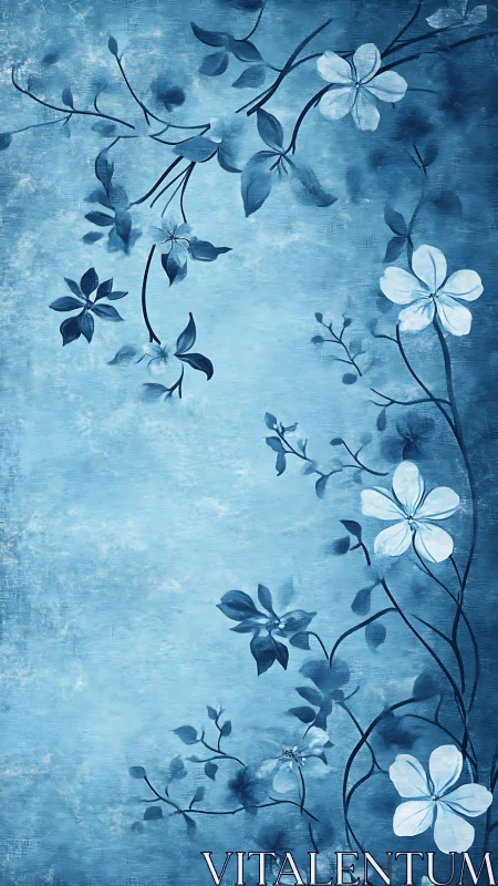 Botanical Digital Composition Rendered in Layered Blue Monochromatic Tonal Palette