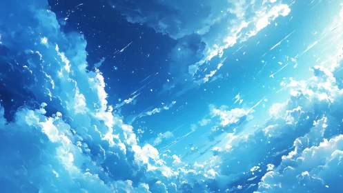 Radiant summer sky swirls with luminous drifting clouds.