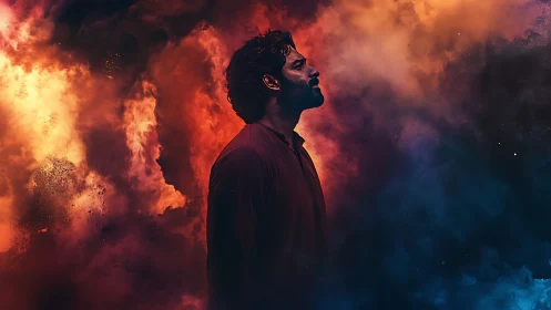 Profiled man amid fiery and cool cosmic smoke clouds.