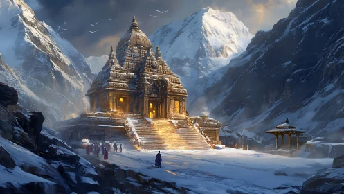 Golden mountain temple glowing softly in a quiet winter valley.