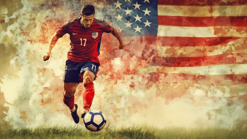 Star spangled striker racing past watercolor American sky.