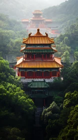 Tiered imperial pavilions nested in misted forest valley.