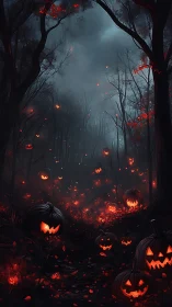 Glowing jack-o&rsquo;-lantern spirits haunt a misty autumn forest