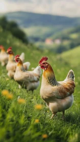 Roosters Grazing in Idyllic Mountain Pasture.