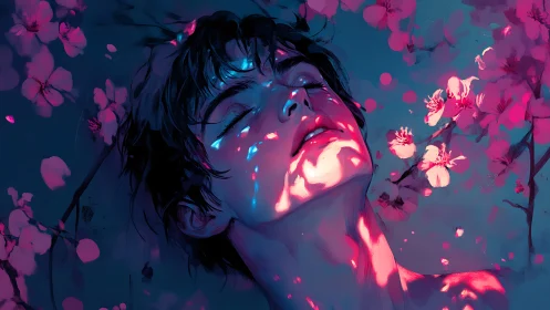 Male figure lies under stylized blossoms with colored light