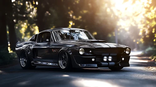 Photoreal muscle car study in forest backlit roadway setting.