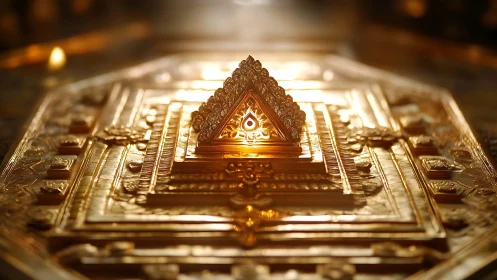 Golden pyramid altar glowing with soft, sacred light.