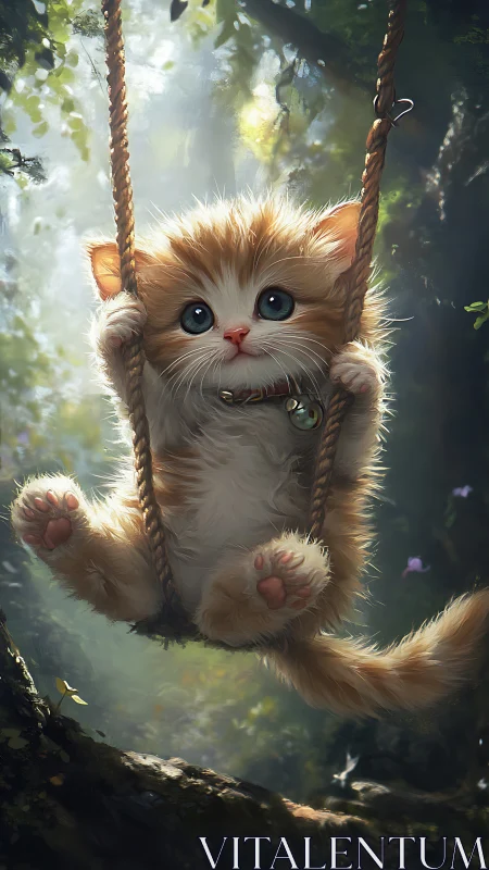 Kitten Suspended on Rope in Illuminated Forest Setting