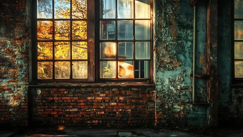 Sunlit autumn window in decaying industrial brick wall.