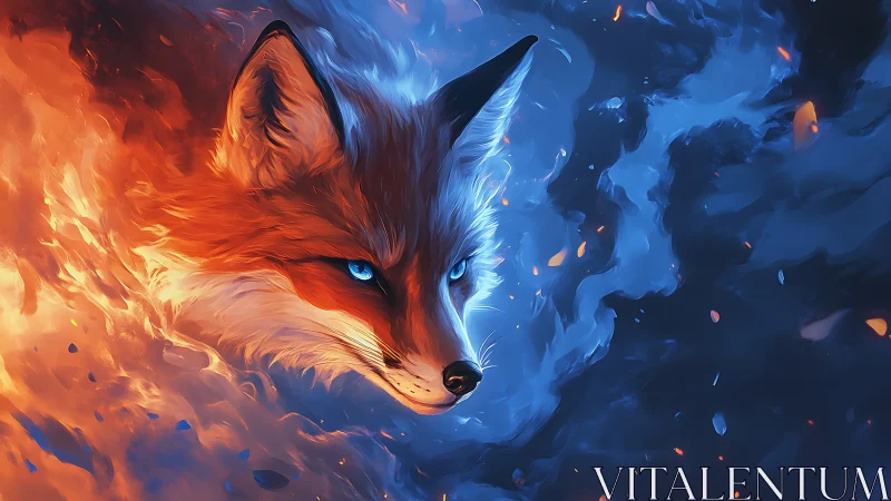 Fox portrait framed by contrasting fire and ice tones.