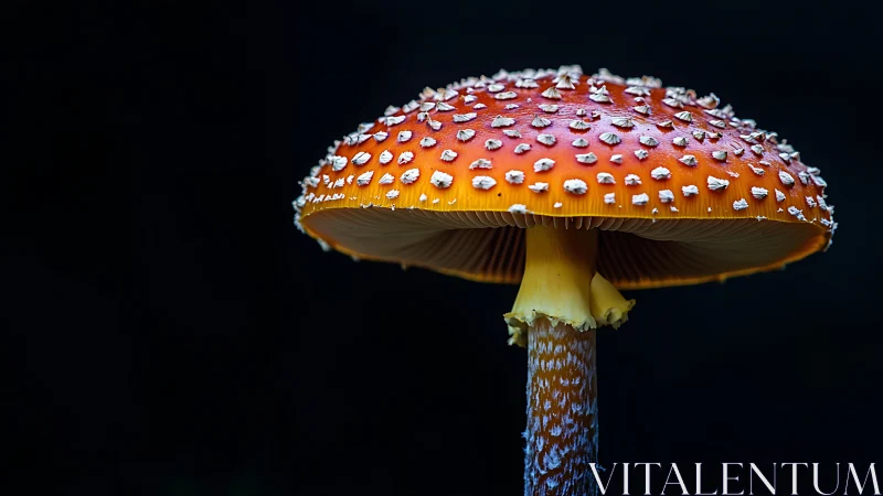 Red spotted mushroom close-up against dark background.