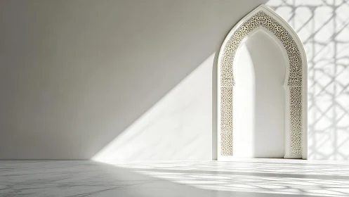 Sunlit arabesque arch casting lacework shadows in white.