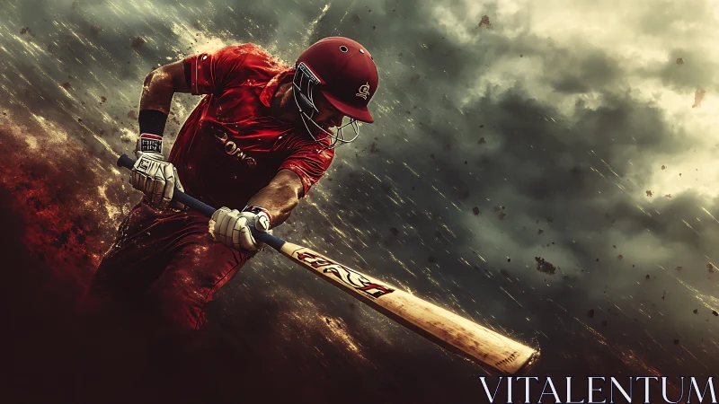 Dynamic cricket batsman in storm-lit digital painting composition.