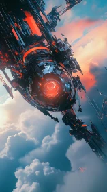Futuristic orbital machine structure above dense cloud layer.