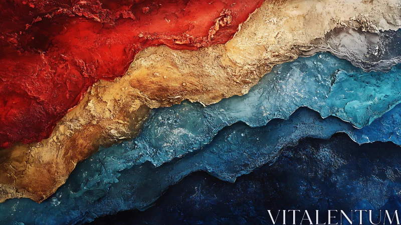 Abstract earth layers in textured mixed media, bold colors.