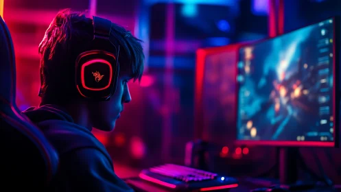 Person with headset sits at RGB-lit desktop gaming setup