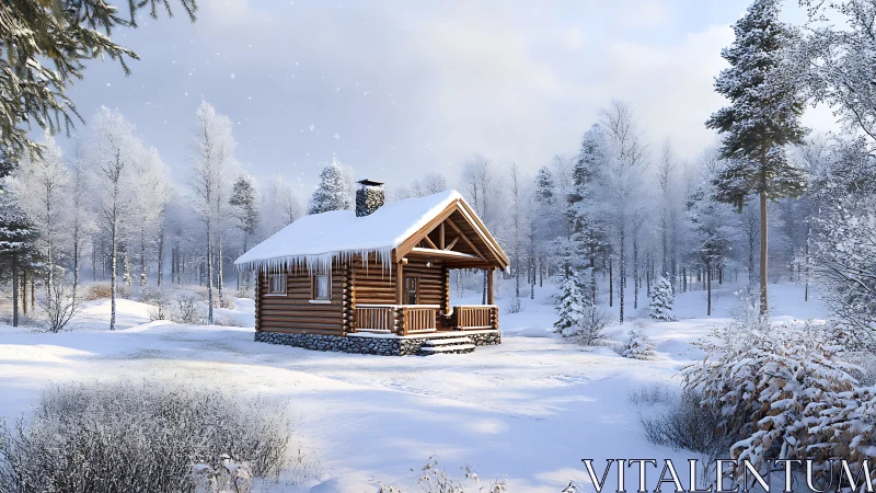 Log cabin stands in a snow-covered forest clearing in winter