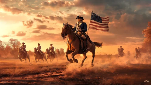 Sunset cavalry charge unfurls a storm-tossed American flag.