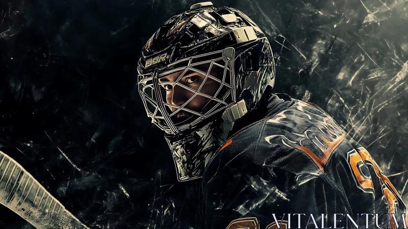 Hockey goalie portrait under dramatic arena lighting.