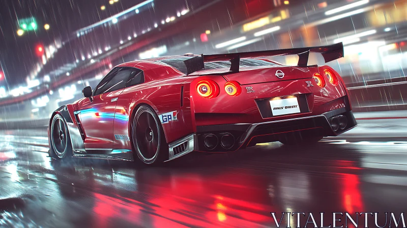 Crimson street beast drifting through neon midnight rain.