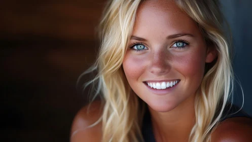 Portrait shows close-up of young woman with even frontal lighting