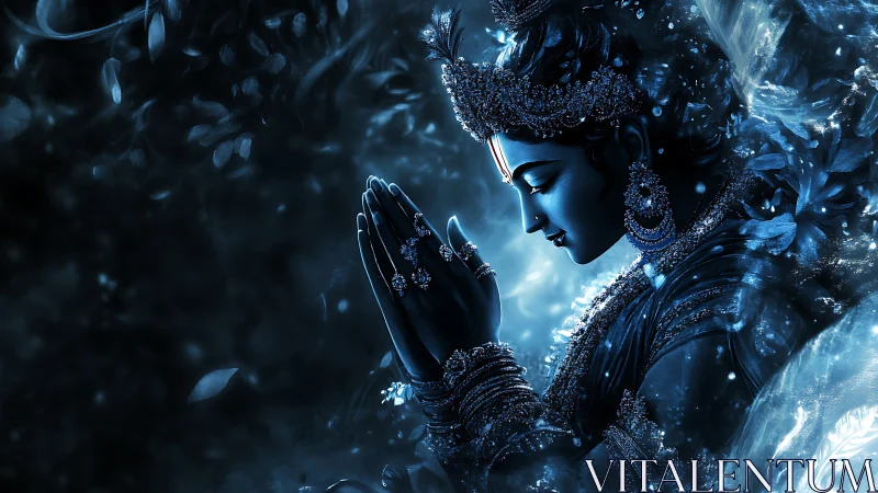 Moonlit blue deity in quiet prayer and shimmering calm.