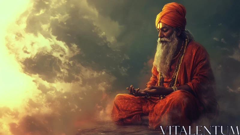 Mystic sage meditating in glowing celestial clouds.