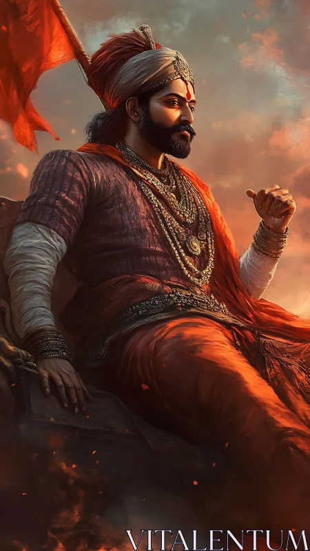 Regal warrior in ember-lit armor with dynamic atmospheric haze.