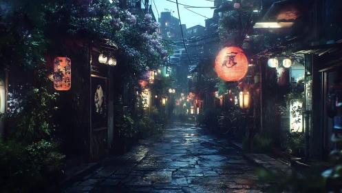 Digital painting of rainy lantern alley with floral overgrowth.