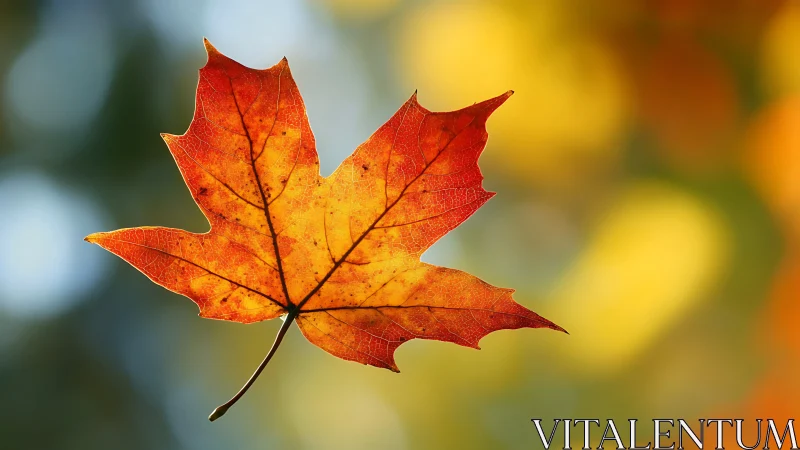 Single maple leaf glows in warm autumn backlight bokeh.