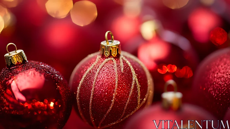 Red Christmas baubles glow against soft festive bokeh