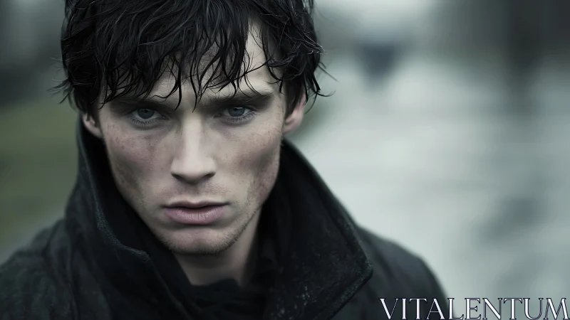 Brooding young man in rain-soaked coat stares ahead.