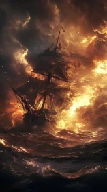 Burning Ship Engulfed in Apocalyptic Fire and Storm