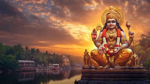 Golden river deity statue glows under dramatic sunset sky