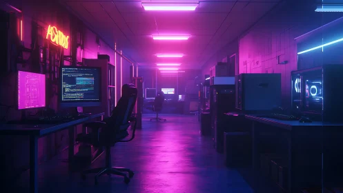 Neon-lit cyber lab renders immersive dual-perspective workspace