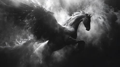 Stormborn pegasus charging through sculpted shadow clouds.