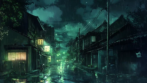 Rain-soaked Japanese alley with neon-lit izakaya façades at night