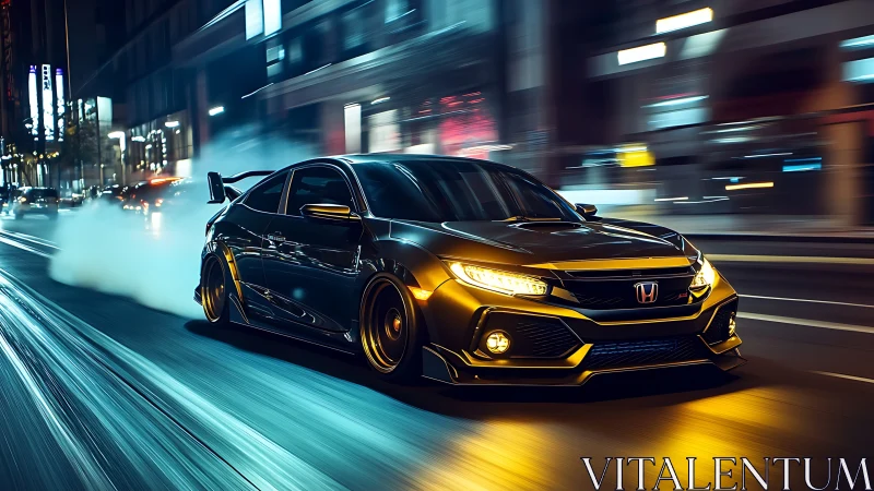 Night-drift tuned Honda Civic in neon-illuminated urban corridor.